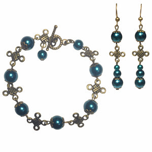 Celtic Cross Knot Bronze & Emerald Cyan Glass Jewelry Set