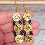 Celtic Triskelion Earrings Antiqued Gold Black