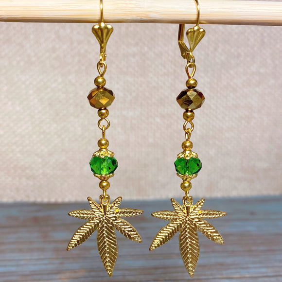 Marijuana Green Gold Glass Earrings (HEMP-E)