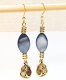 Natural Navy Blue Seashell Antiqued Gold Beaded Handmade Earrings