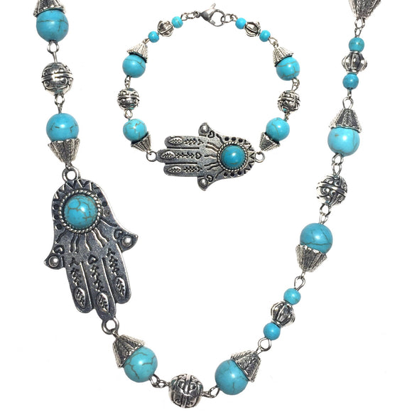 Hamsa Howlite Gemstone Beaded Handcrafted Necklace Bracelet Jewelry Set