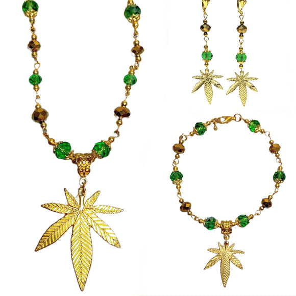 Marijuana Green Gold Glass Jewelry Set