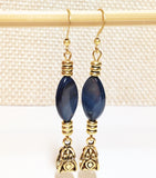 Natural Navy Blue Seashell Antiqued Gold Beaded Handmade Earrings