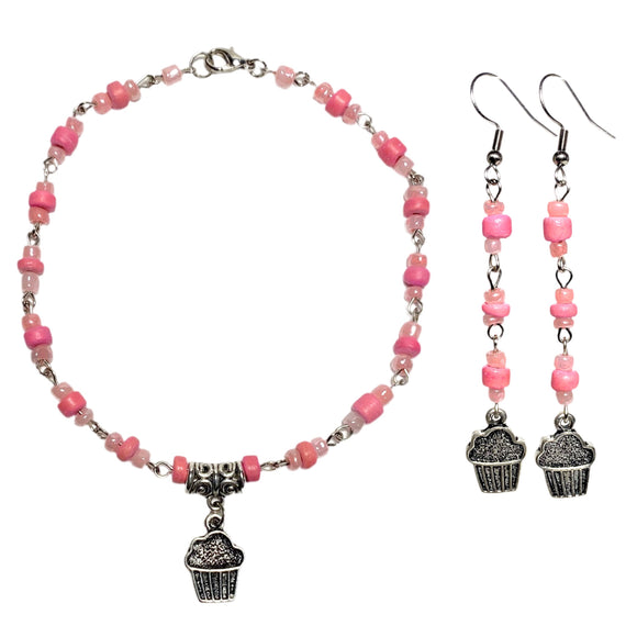 Cupcake Pink Glass Wood Jewelry Set (SUGAR)