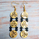 Celtic Triskelion Earrings Antiqued Gold Black