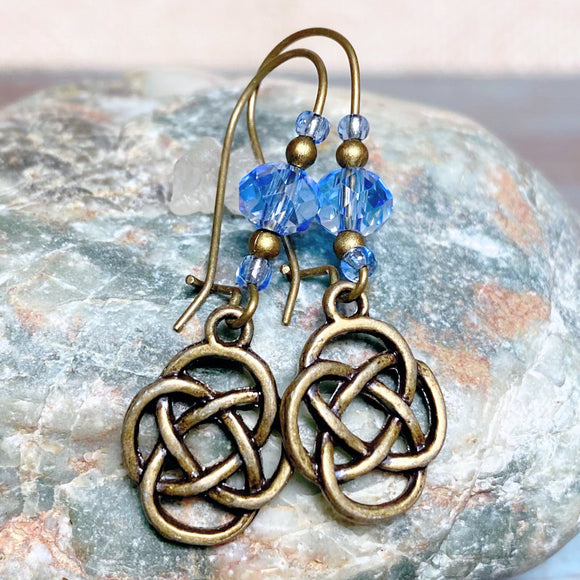 Bronze Knot Blue Glass Earrings