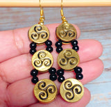 Celtic Triskelion Earrings Antiqued Gold Black