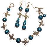 Celtic Cross Knot Bronze & Emerald Cyan Glass Jewelry Set