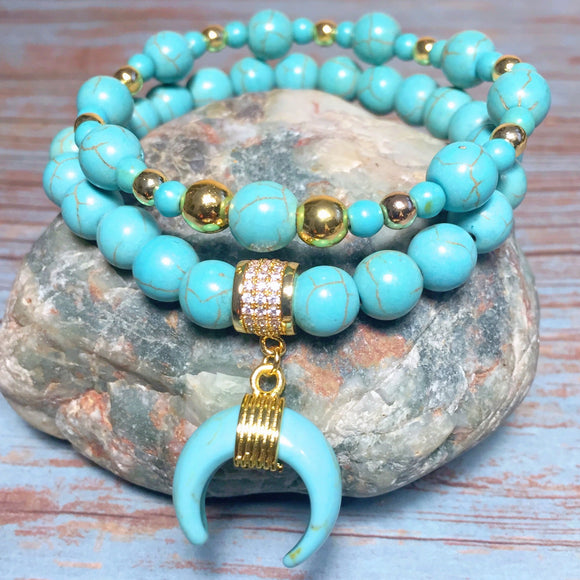 Crescent Moon Howlite Gemstone Bracelet Stack (SARAFINA)