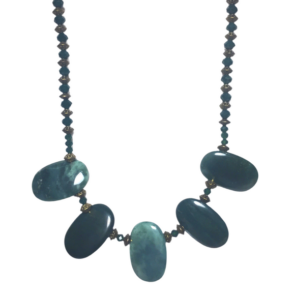 Emerald Green & Bronze Agate Stone and Glass Necklace (GENEVA)