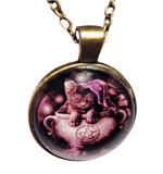 Cat in Cauldron Bronze Glass Dome Necklace (ALFALFA)