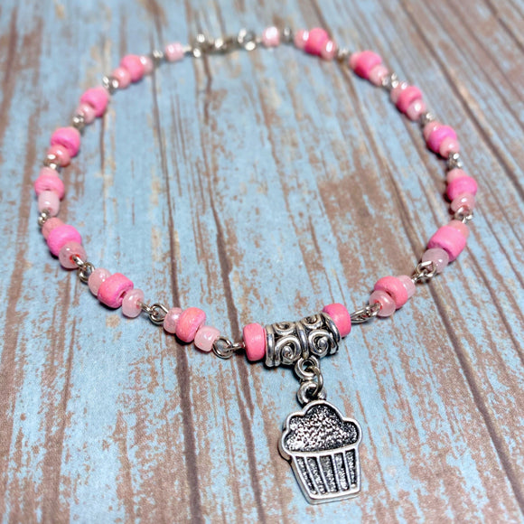 Cupcake Pink Glass Wood Anklet (SUGAR-A)