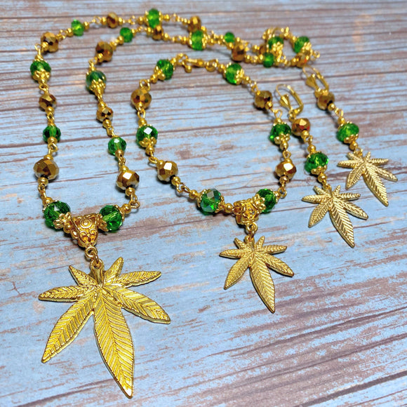 Marijuana Green Gold Glass Jewelry Set (HEMP)