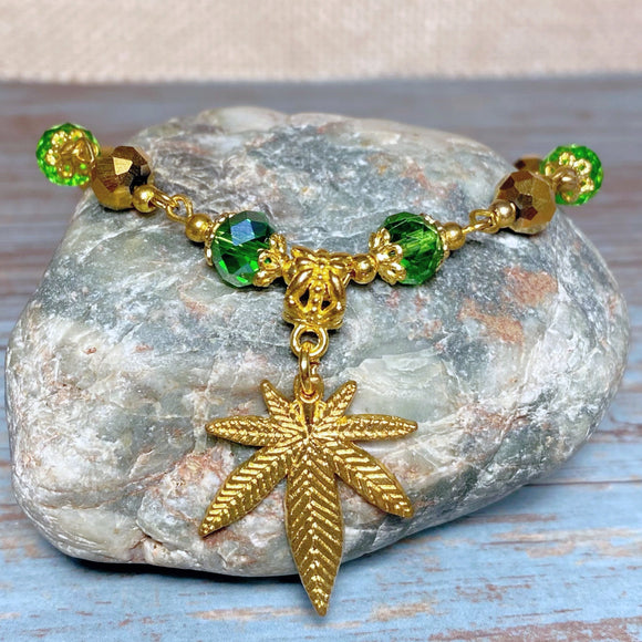 Marijuana Green Gold Glass Bracelet (HEMP-B)