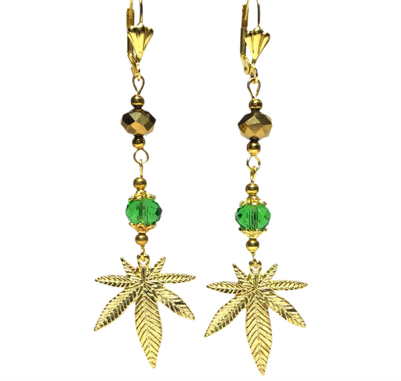 Marijuana Green Gold Glass Earrings (HEMP-E)