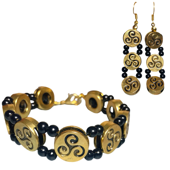 Celtic Triskelion Jewelry Set Antiqued Gold Black (CADEN)