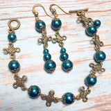 Celtic Cross Knot Bronze & Emerald Cyan Glass Jewelry Set