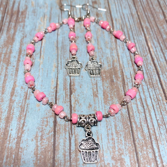 Cupcake Pink Glass Wood Jewelry Set (SUGAR)