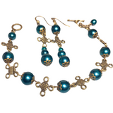 Celtic Cross Knot Bronze & Emerald Cyan Glass Jewelry Set