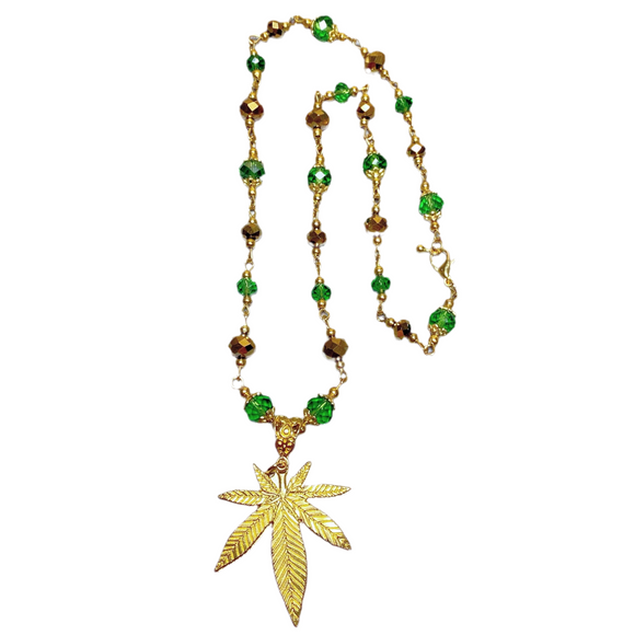 Marijuana Green Gold Glass Necklace (HEMP-N)