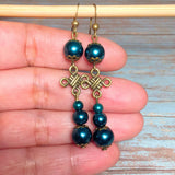 Celtic Cross Knot Bronze & Emerald Cyan Glass Jewelry Set