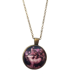 Cat in Cauldron Bronze Glass Dome Necklace (ALFALFA)