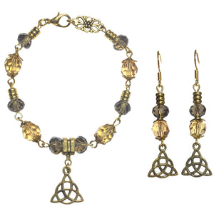 Antiqued Gold Earthy Celtic Knot Triquetra Bracelet Earring Jewelry Set