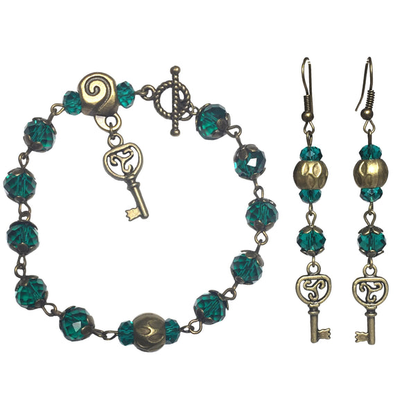 Celtic Triskelion Key Bronze & Emerald Cyan Handmade Jewelry Set