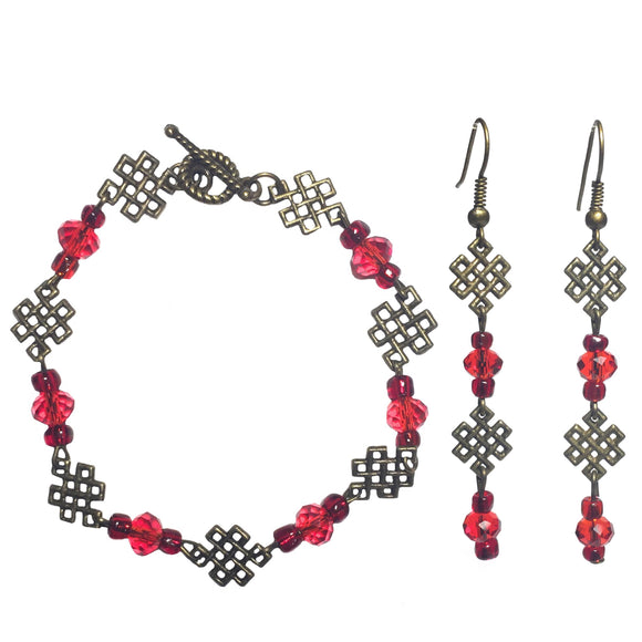 Knot Bronze Red Beaded Handmade Bracelet Earring Jewelry Set