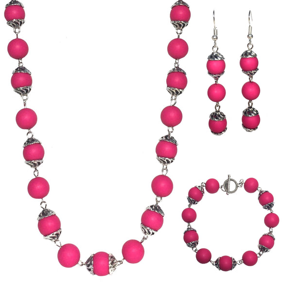 Fuchsia Acrylic Beaded Handcrafted Necklace Bracelet and Earring Set