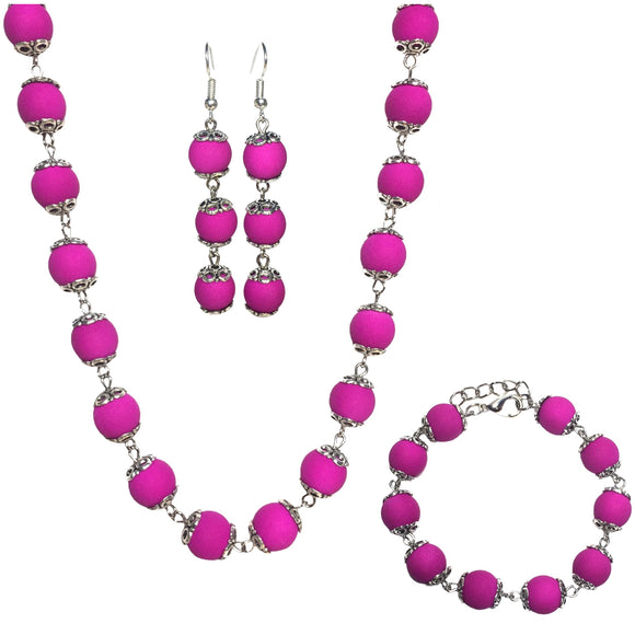 Magenta Acrylic Beaded Handcrafted Necklace Bracelet and Earring Set