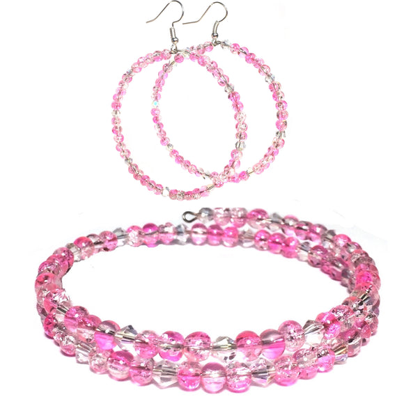 Pink Glass Bangle Bracelet and Hoop Earring Handmade Set