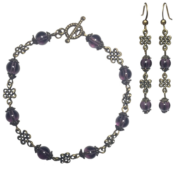 Bronze knot purple glass beaded handcrafted bracelet earring jewelry set