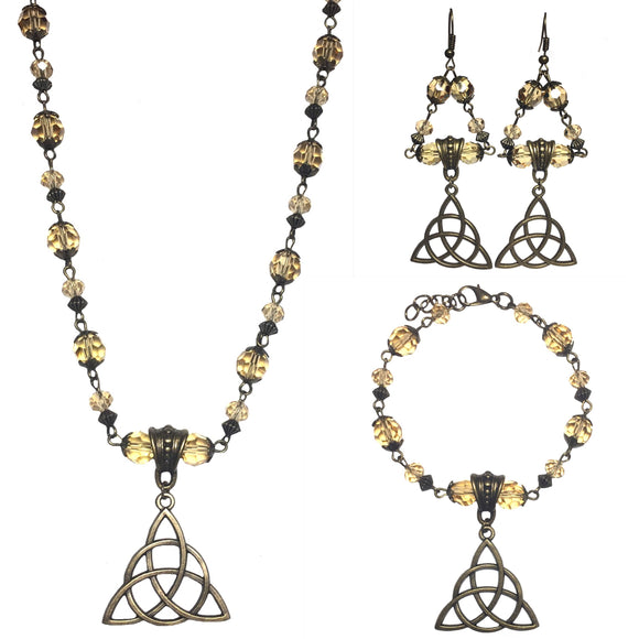 Celtic Knot Bronze Champagne Amber Honey Handcrafted Beaded Jewelry Set