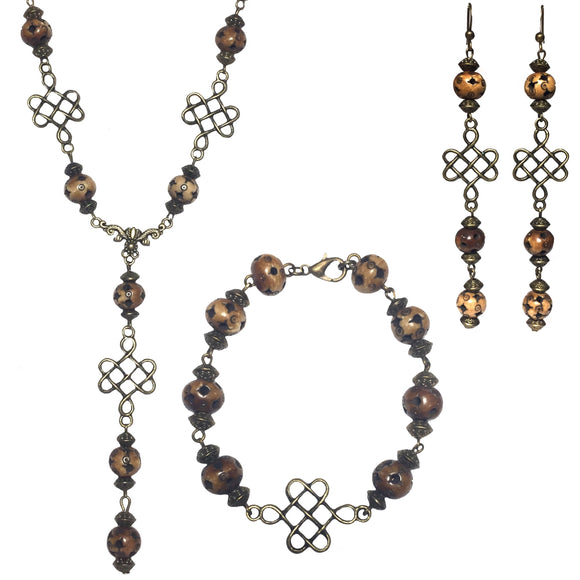 Bronze and Brown Three Piece Celtic Cross Knot Handmade Jewelry Set Necklace Bracelet Earrings