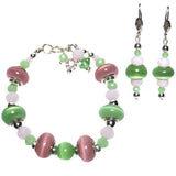 Green and Pink Murano Glass Crystal Beaded Handcrafted  Jewelry Set Bracelet Earrings