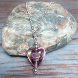 Purple Floral Heart Lampwork glass pendant silver chain necklace