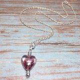 Purple Floral Heart Lampwork glass pendant silver chain necklace