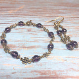 Bronze knot purple glass beaded handcrafted bracelet earring jewelry set