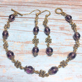 Bronze knot purple glass beaded handcrafted bracelet earring jewelry set