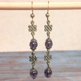 Bronze knot purple glass beaded handcrafted bracelet earring jewelry set