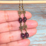 Bronze knot purple glass beaded handcrafted bracelet earring jewelry set