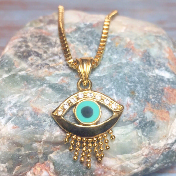 Evil Eye 18K Yellow Gold Filled Rhinestone Pendant Yellow Gold Plated Box Chain Necklace