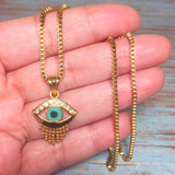 Evil Eye 18K Yellow Gold Filled Rhinestone Pendant Yellow Gold Plated Box Chain Necklace