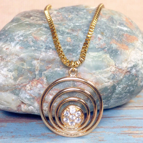 Geometric Circles Rhinestone 18K Yellow Gold Filled Plated Box Chain Necklace