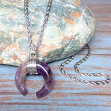 Amethyst Gemstone Crescent Moon Pendant 18K GP White Gold Plated Rope Chain Necklace