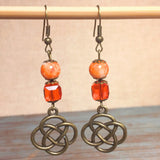 Bronze Knot Orange Glass Crystal Beaded Handcrafted Earrings