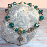 Triskelion Key Bronze Emerald Cyan Glass Beaded Handmade Bracelet