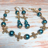 Emerald Cyan Green Bronze Celtic Cross Knot Handmade Bracelet Earring Jewelry Set