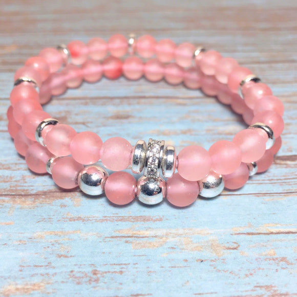 Matte pink watermelon crystal hematite gemstone 2 piece stretch bracelet stack